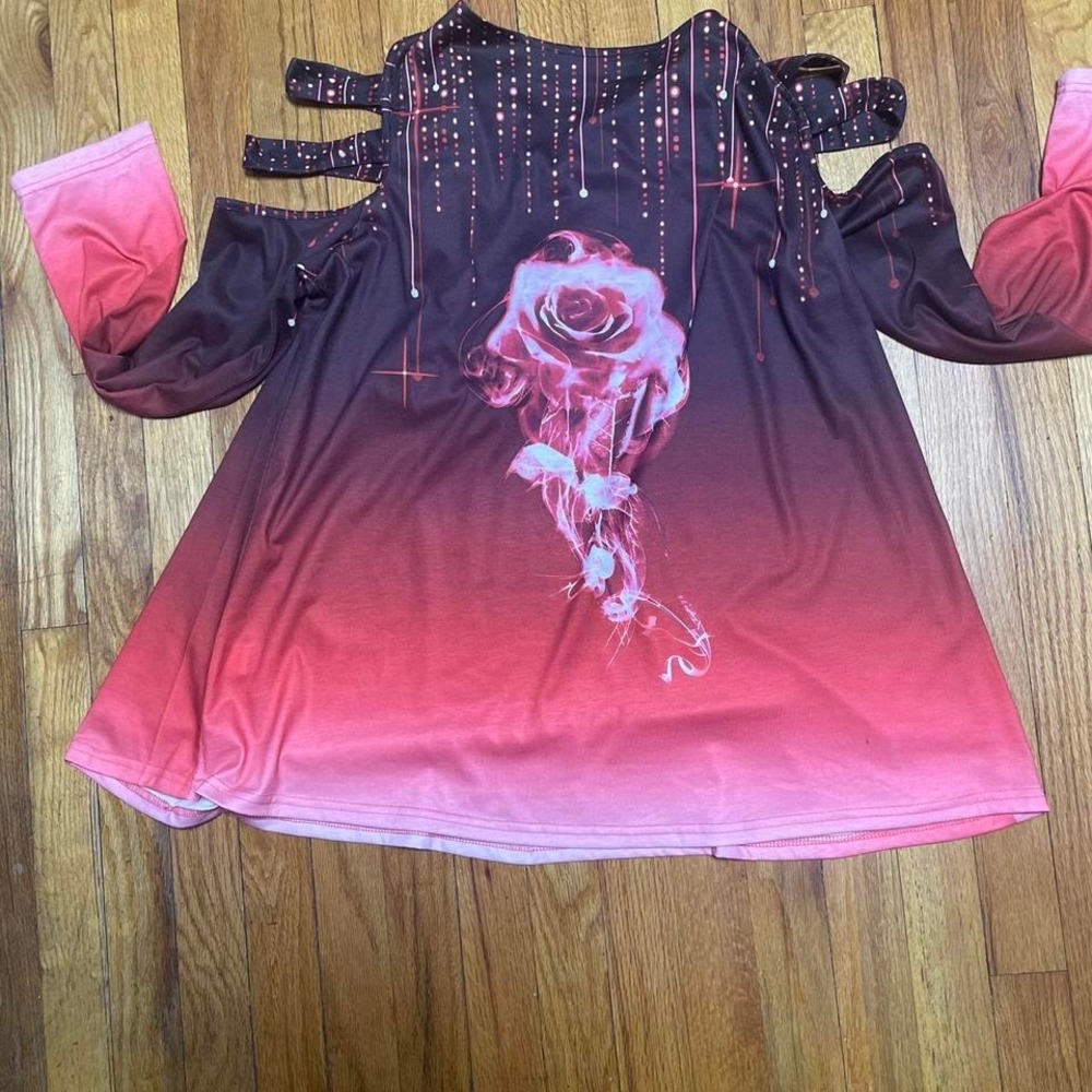 Ombré‎ Faded Rose Graphic Blouse Cold Shoulder